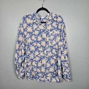 Whitby Womens 1X Silk Blouse Button Front Vintage Floral Cottagecore Blue Beige